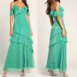 Lulu’s Radiant in Ruffles Green Ruffled Cold Shoulder Maxi Dress Size Small NWT